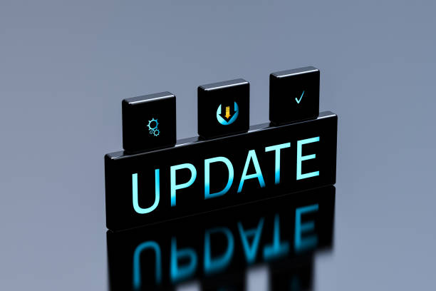 UPDATE neon word with settings icons, arrow and checkmark.UPDATE neon concept on blocks. 3D render.