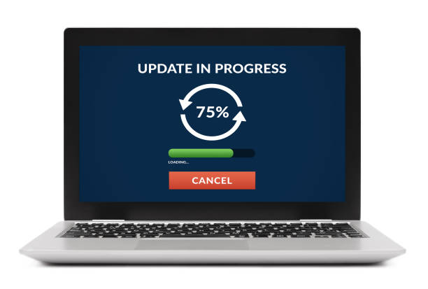 c9 Update concept on laptop computer screen. Isolated on white background. All screen content is designed by me.