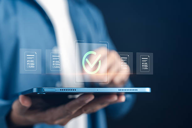 Digital document check and approval system with verification, compliance, validation, quality control, and secure workflow in business technology.