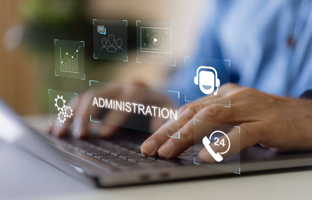 Businessman with Technology digital interface with the word ADMIN, administration, communication, customer support and data management, marketing, IT management, office tasks and support services