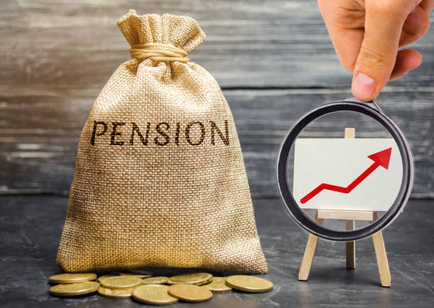 p2 Bag with money and word Pension and up arrow with coins. Increase pension payments. Saving money, retirement. Future investment. Accumulation of pension contributions. Loan portfolio growth.